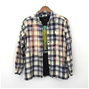 Upcycled Tie Dye Bleached Blue Plaid Button Down Shirt Sz Large